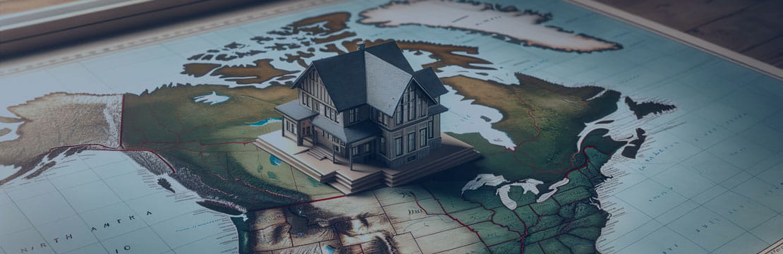 A model of a house sitting on top a map of North America, on Canada.